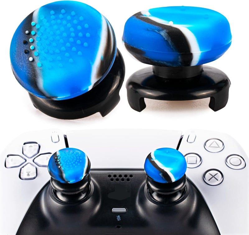PlayRealm FPS Thumbstick Extender & 3D Texture Rubber Silicone Grip Cover 2 Sets for PS5 Dualsenese & PS4 Controller (Camouflage Blue) - Image 1