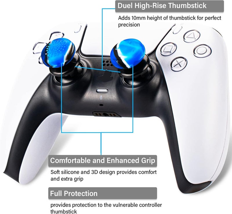 PlayRealm FPS Thumbstick Extender & 3D Texture Rubber Silicone Grip Cover 2 Sets for PS5 Dualsenese & PS4 Controller (Camouflage Blue) - Image 2