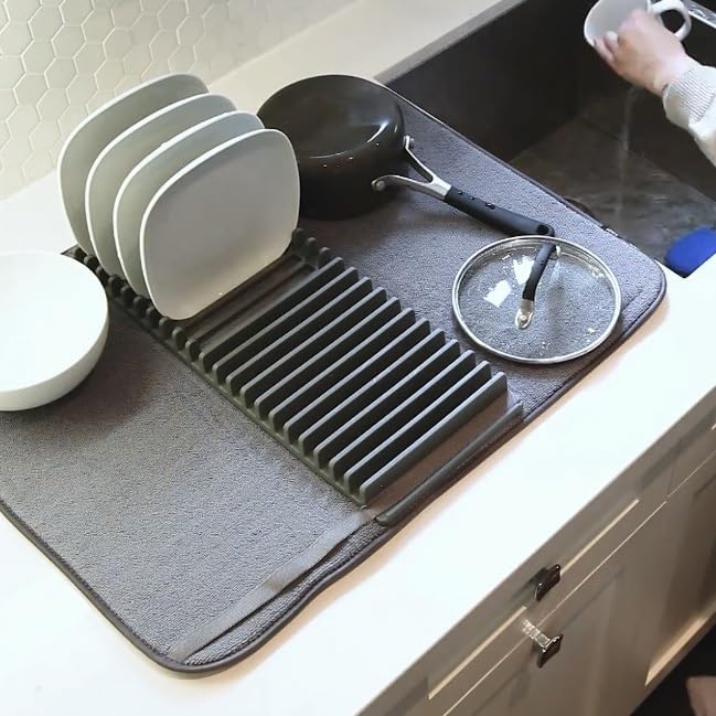 WIDEWINGS Rack and Microfiber Dish Drying Mat, Removable Dish Rack Tray, Dish Rack & Drying Mat for Kitchen Countertop, Sink - Drain and Dry Wine Glasses, Bowls and Dishes - Image 4