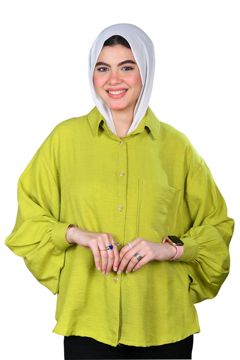 شميز حريمى اوفر سايز خامة كتان كم اسبانى - لون كيوى - Image 1