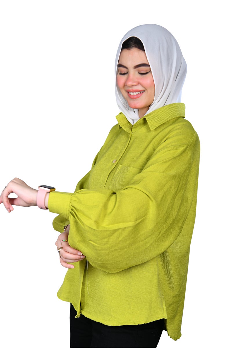شميز حريمى اوفر سايز خامة كتان كم اسبانى - لون كيوى - Image 2