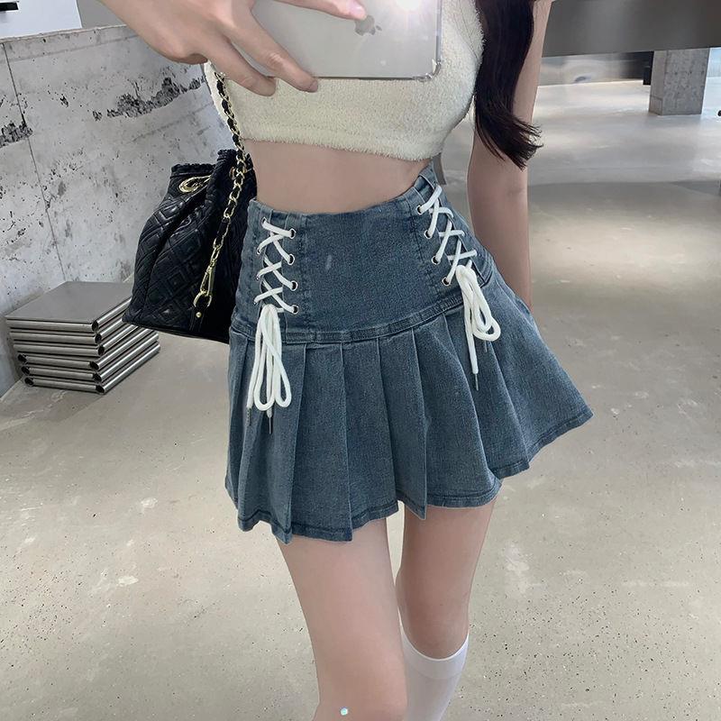 Girl Strap Design Sense Denim Pleated Skirt Women'S 2024 High Waist Niche A- Line Skirt - Image 2