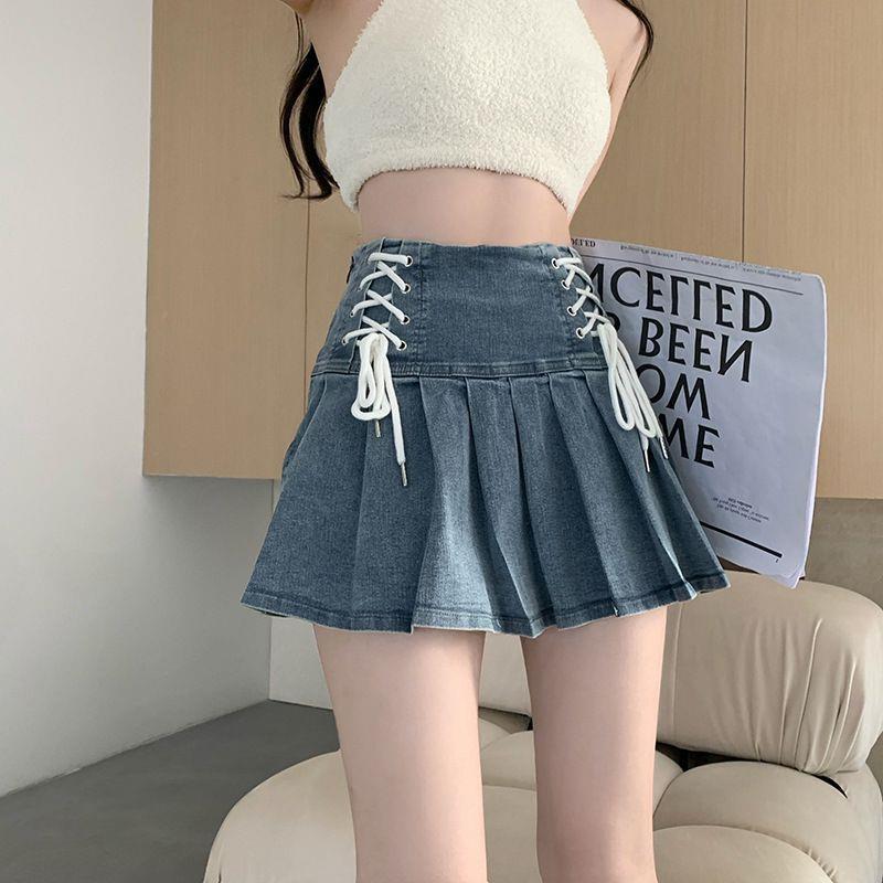 Girl Strap Design Sense Denim Pleated Skirt Women'S 2024 High Waist Niche A- Line Skirt - Image 4