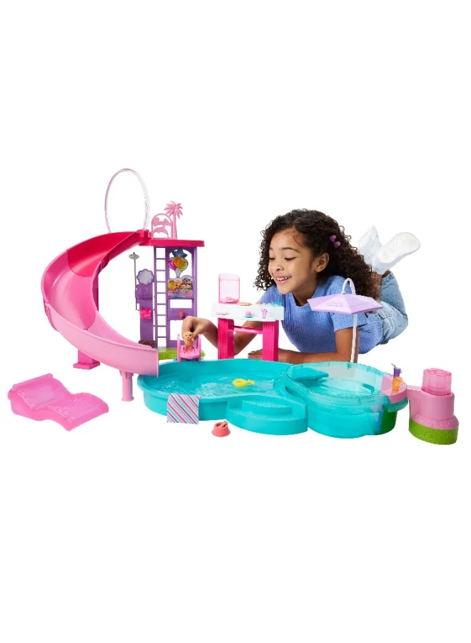 باربي Dream Pool Playset with 6 Play Areas, Including Slide & Bubbling Hot Tub, Plus 20+ Accessories Like Pet, Floaties & More