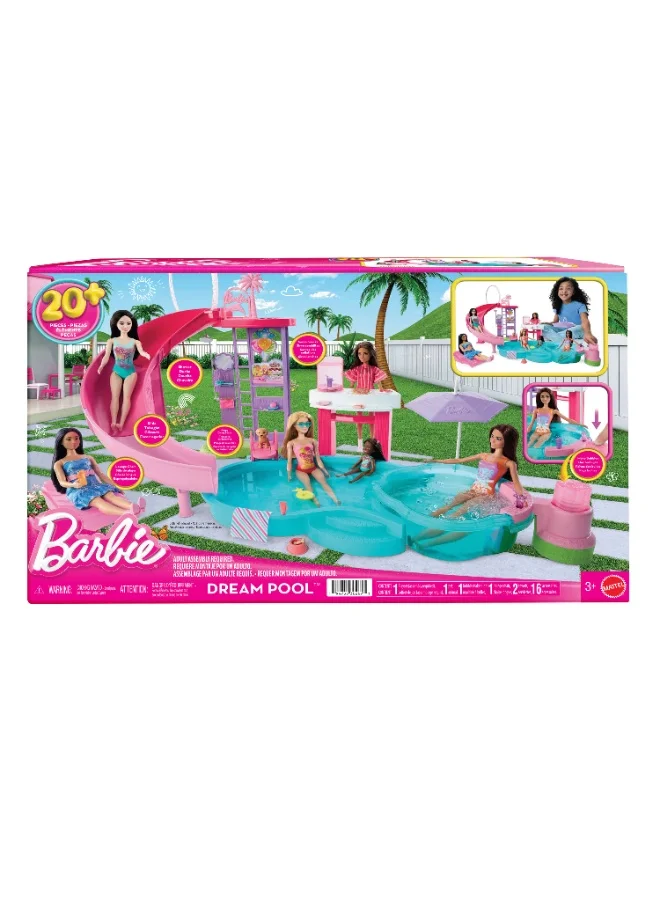 باربي Dream Pool Playset with 6 Play Areas, Including Slide & Bubbling Hot Tub, Plus 20+ Accessories Like Pet, Floaties & More