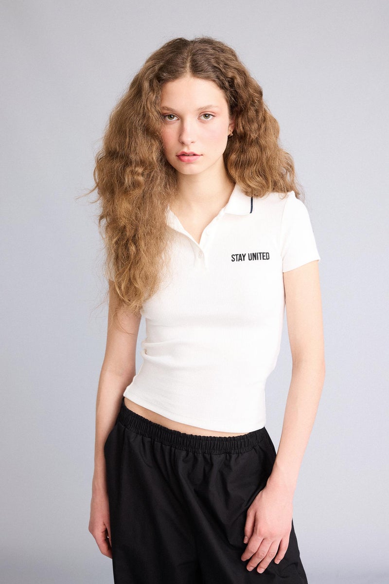 DeFacto White Woman Fitted Polo Neck Ribbed T-Shirt Casual - Image 3
