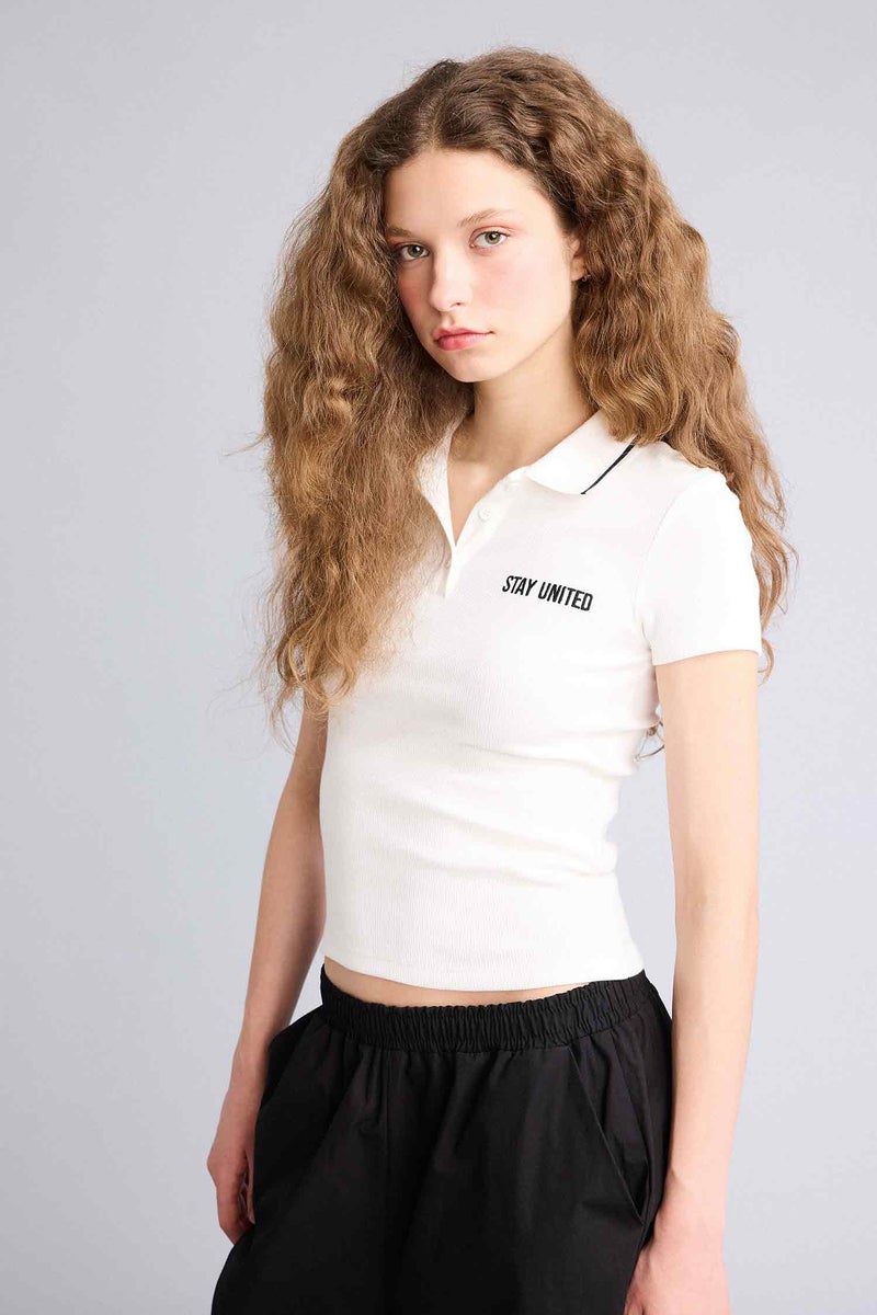 DeFacto White Woman Fitted Polo Neck Ribbed T-Shirt Casual - Image 1