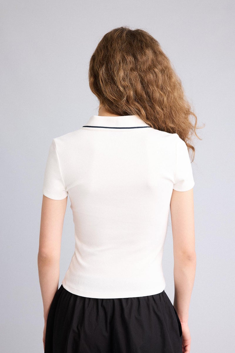 DeFacto White Woman Fitted Polo Neck Ribbed T-Shirt Casual - Image 5