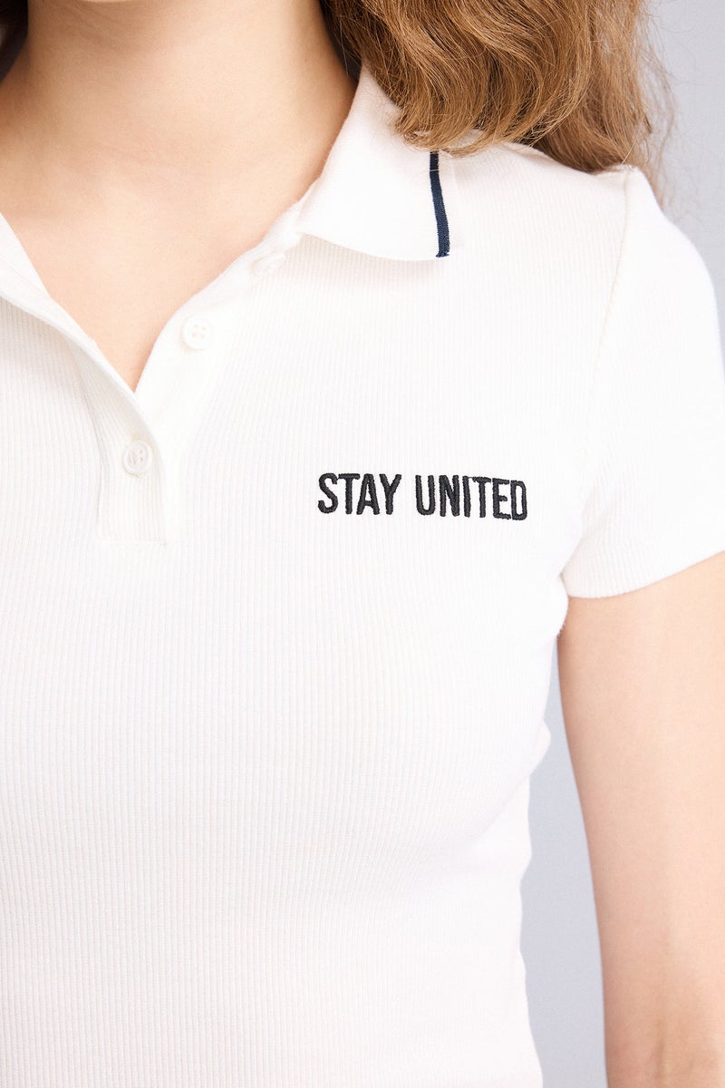 DeFacto White Woman Fitted Polo Neck Ribbed T-Shirt Casual - Image 4