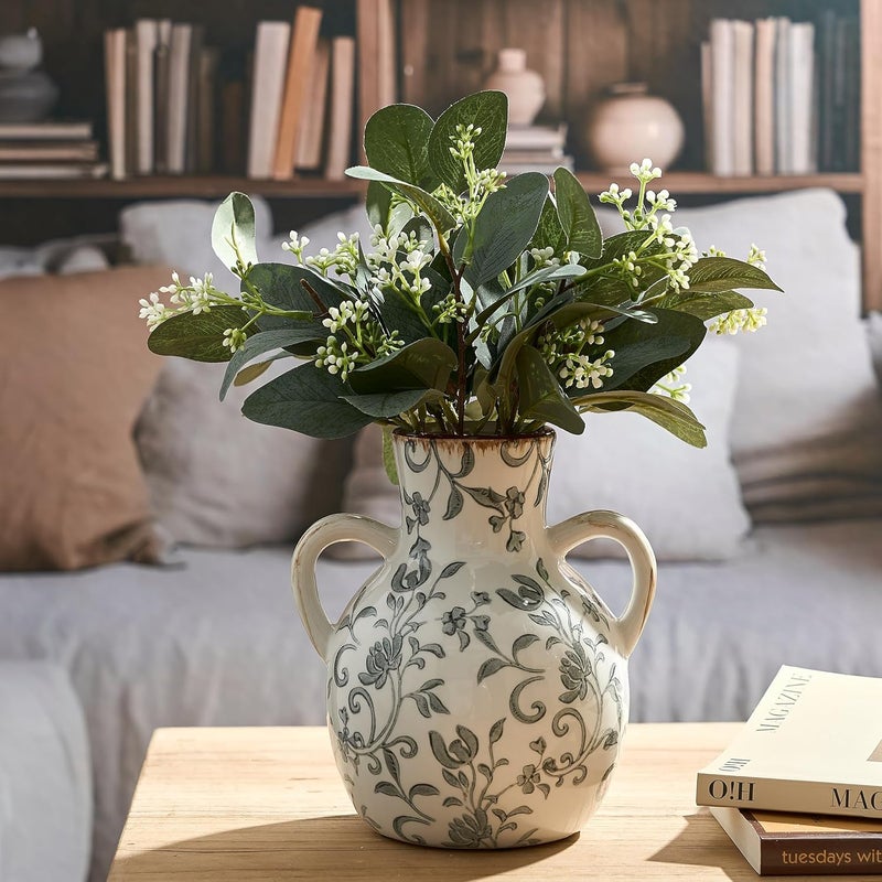 SIDUCAL Ceramic Vintage Pastoral Vase with Handles, 7 Inch Chinoiserie Floral Vase, Retro Ice Cracked Rustic Farmhouse Vases for Home Decor, Living Room, Bookshelf, Office, Tuscan Decor, Gray Floral - Image 5