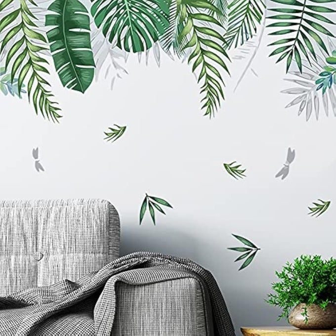 GREEN TROPICAL PALM TREE LEAVES WALL STICKERS WATERPROOF TROPICAL GREEN LEAF PLANTS WALL DECAL PEEL AND STICK NATURE JUNGLE WALL DECOR FOR LIVING ROOM BEDROOM DOOR DECORATION A