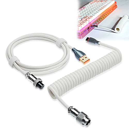 UCINNOVATE Pro Custom Coiled 1.8M USB C Cable for Gaming Keyboard, Double-Sleeved Mechanical Keyboard Cable with Detachable Metal Aviator, White - Image 1
