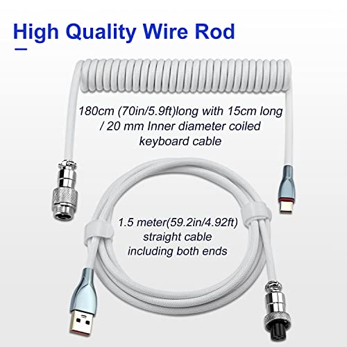 UCINNOVATE Pro Custom Coiled 1.8M USB C Cable for Gaming Keyboard, Double-Sleeved Mechanical Keyboard Cable with Detachable Metal Aviator, White - Image 5