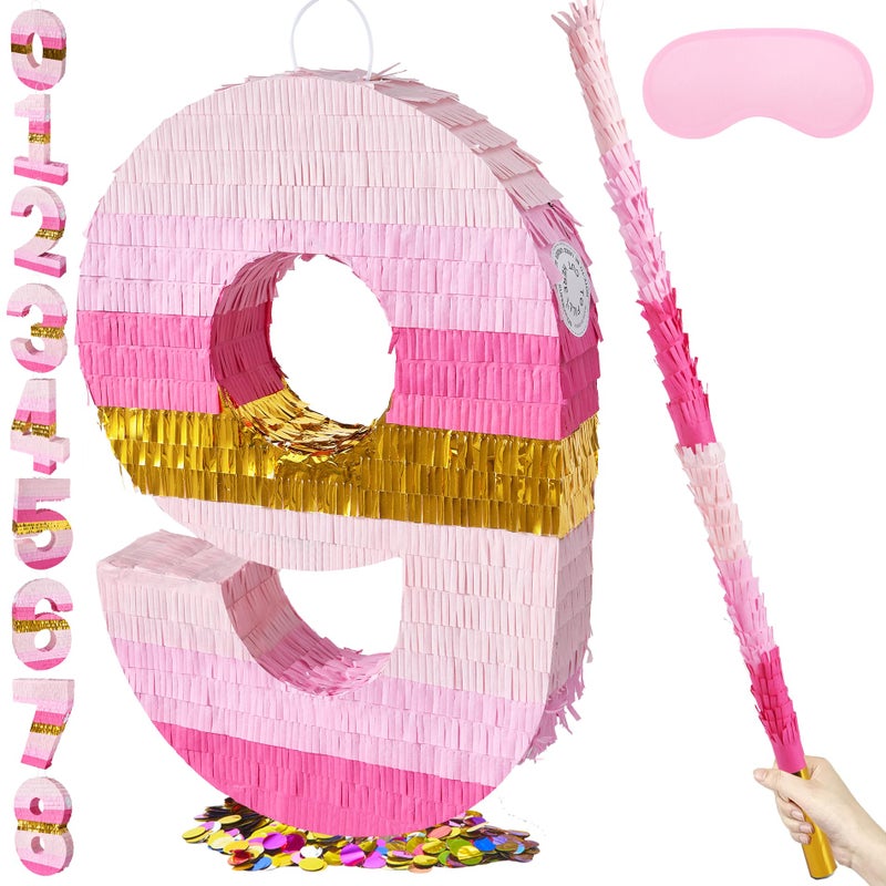 PCFING 20 Inch Number 9 Piata Pink Gold with 30 Inch Piata Stick Blindfold Confetti for Boys Girls Adults Birthday Party Decorations Anniversary Celebration Fiesta - Image 3