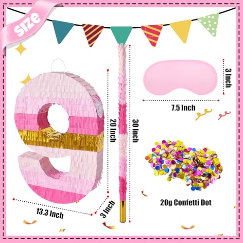 PCFING 20 Inch Number 9 Piata Pink Gold with 30 Inch Piata Stick Blindfold Confetti for Boys Girls Adults Birthday Party Decorations Anniversary Celebration Fiesta - Image 5