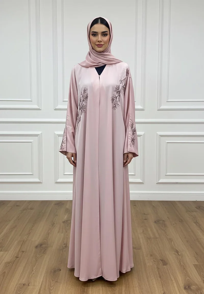 Serene Blossom: Premium Blush Pink Nida Abaya with Branch Embroidery-825