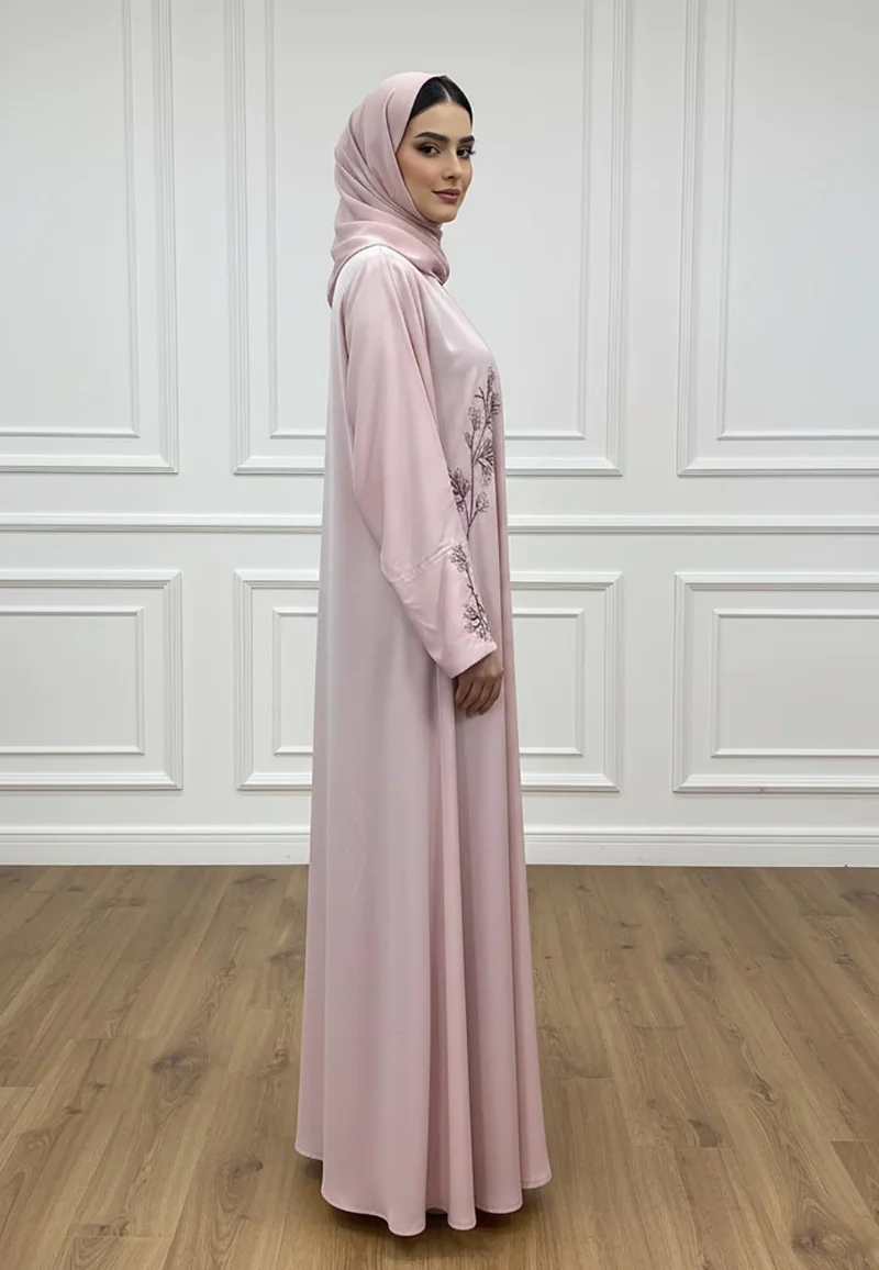 النخبة Serene Blossom: Premium Blush Pink Nida Abaya with Branch Embroidery-825