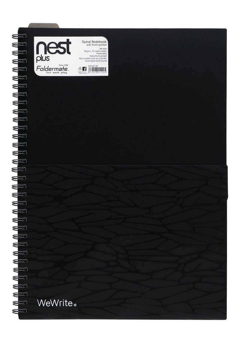 Foldermate Nest Plus Black Spiral Notebook with Front Pocket, 70 Sheets