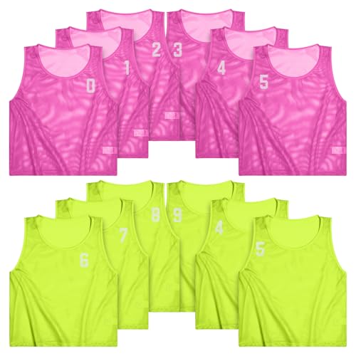 Boyiee 12 Pieces Pinnies Scrimmage Vests, Nylon Mesh Team Practice Jersey Youth Pinnies for Sports Basketball Soccer Football (Fluorescent Green,Pink,6-12 Years) - Image 1