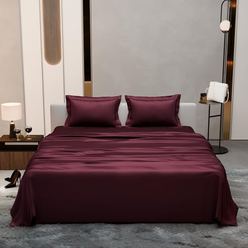 Stoa Paris Single Bedsheet with 1 Pillow Cover, 300TC Satin Premium Bedding Set, Home Decor, Wedding Gift for Couples, Housewarming, Anniversary, Date Night - Velvet Wine - Image 3