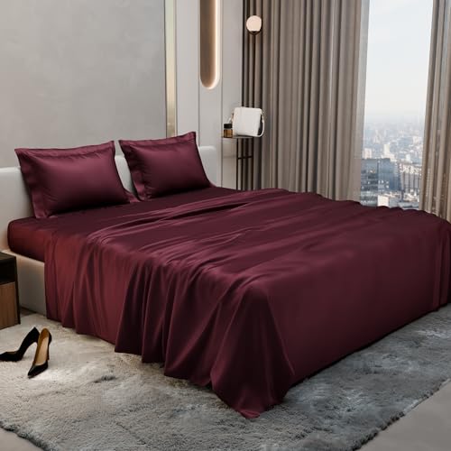 Stoa Paris Single Bedsheet with 1 Pillow Cover, 300TC Satin Premium Bedding Set, Home Decor, Wedding Gift for Couples, Housewarming, Anniversary, Date Night - Velvet Wine - Image 1