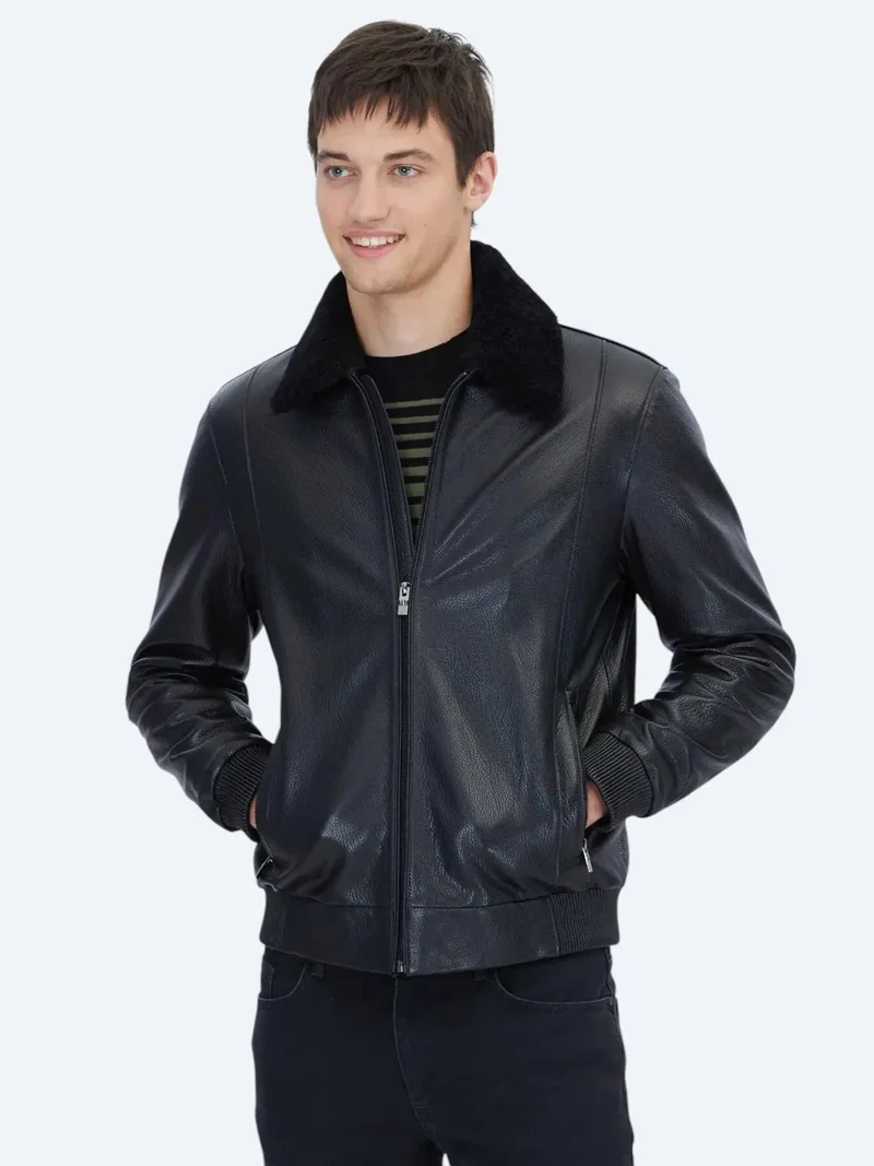 Kip Black Regular Fit Shirt Collar Casual Sheep Leather Leather Coat
