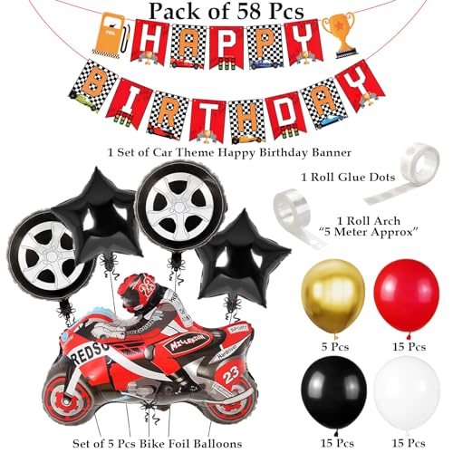 Pop The Party بالونات موضوع دراجة السباق لحفلات الأطفال - مجموعة من 58 قطعة | طقم تزيين عيد ميلاد دراجة للصبيان | طقم تزيين عيد ميلاد سعيد - Image 2