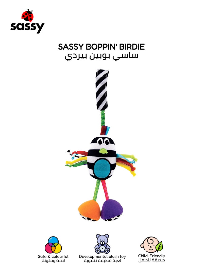 Sassy Boppin' Birdie Sensory Toy – High Contrast, Chime Sound, BPA-Free, No Paint, Tactile Ribbons, Clip-On for Strollers & Car Seats – Developmental Toy for Babies 0M+ - Image 1