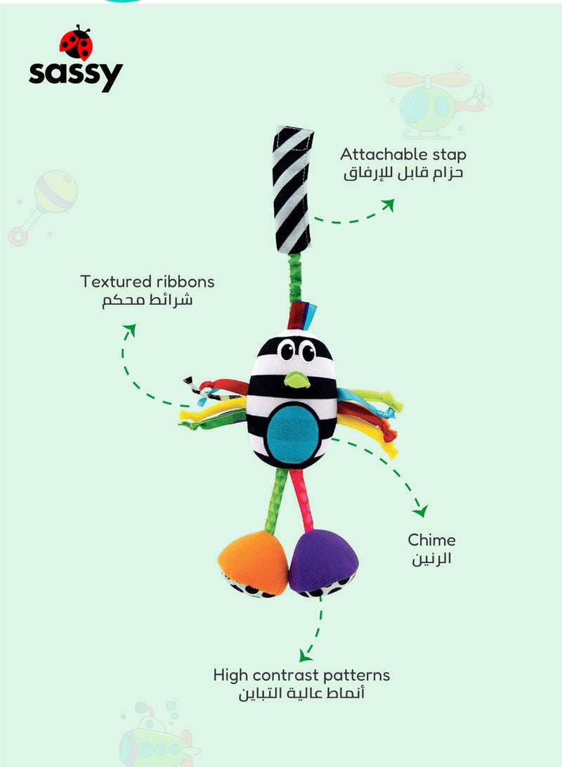 Sassy Boppin' Birdie Sensory Toy – High Contrast, Chime Sound, BPA-Free, No Paint, Tactile Ribbons, Clip-On for Strollers & Car Seats – Developmental Toy for Babies 0M+ - Image 4