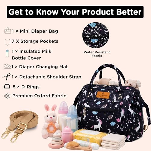 Motherly Nano Diaper Bag for Mothers for Travel – Combo Set with Accessories | Baby Bag for Mother Travel | Diaper Bag for Baby (Unicorn Black) - Image 2
