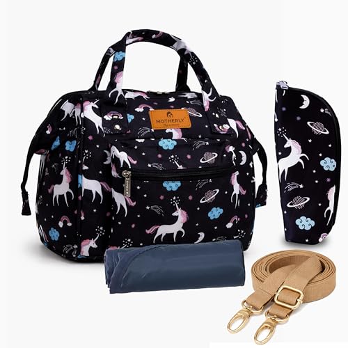 Motherly Nano Diaper Bag for Mothers for Travel – Combo Set with Accessories | Baby Bag for Mother Travel | Diaper Bag for Baby (Unicorn Black) - Image 1
