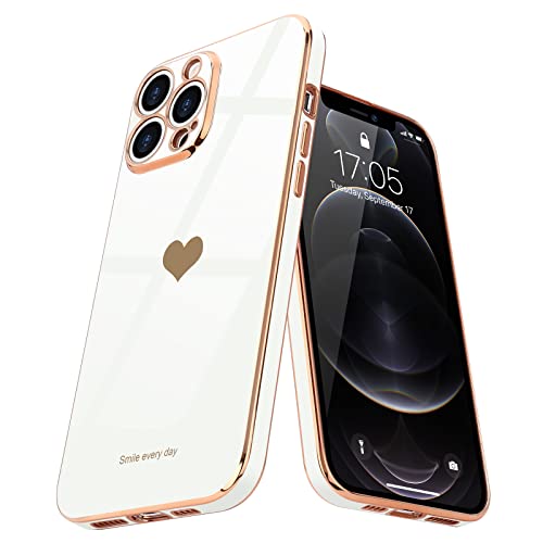 Teageo for iPhone 12 Pro Case for Women Girl Cute LoveHeart Luxury Bling Plating Soft Back Cover Raised Full Camera Protection Bumper Silicone Shockproof Phone Case for iPhone 12 Pro White - Image 1