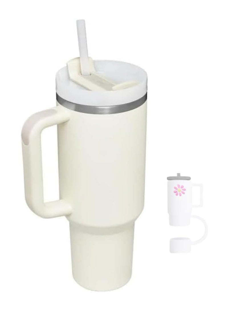 40z Insulated Tumbler with Straw Stainless Steel Vacuum Cup Travel Mug with Handle and Lid Straw, Ice&Warm Coffee Tea Milk Drink Travel Mug Portable Thermal Cup for Office Kitchen (cream)  - Image 1