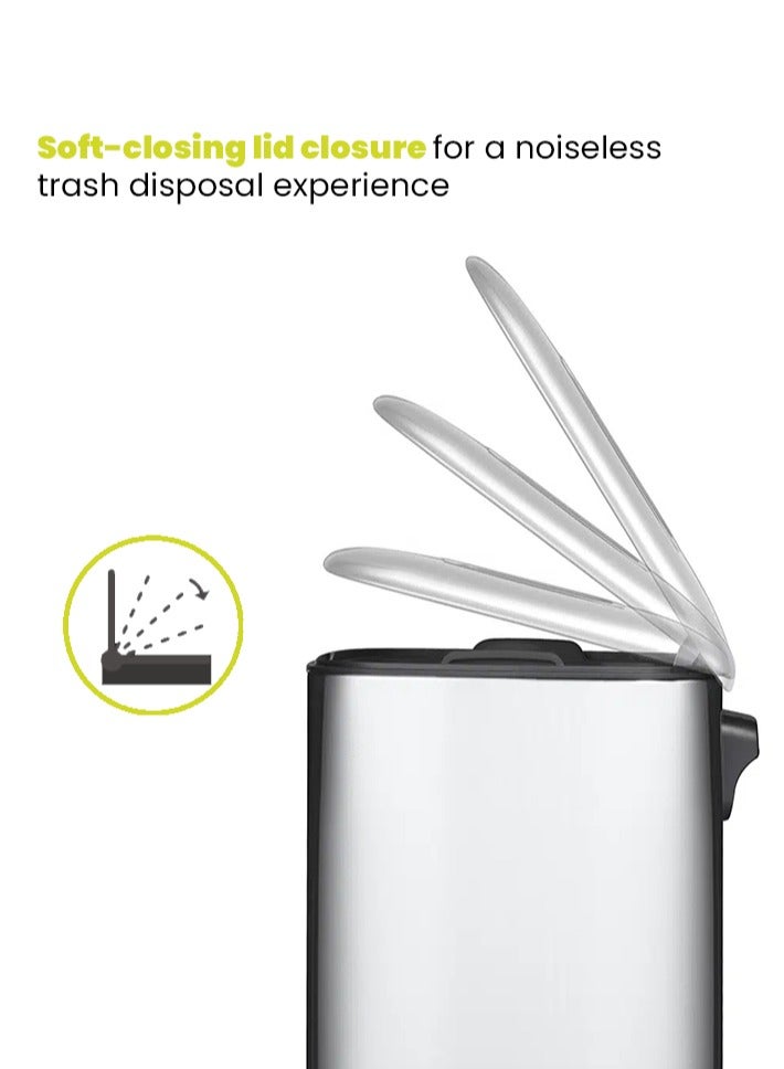 EKO REGENT SERIES | Brushed Stainless Steel Finish | Soft-Closing | Fingerprint-Resistant | Pedal Trash & Garbage Bin | Multiple Sizes ( 6 - 32 Liters ) & Colors  | 20 Liters | Metallic Grey - Image 5