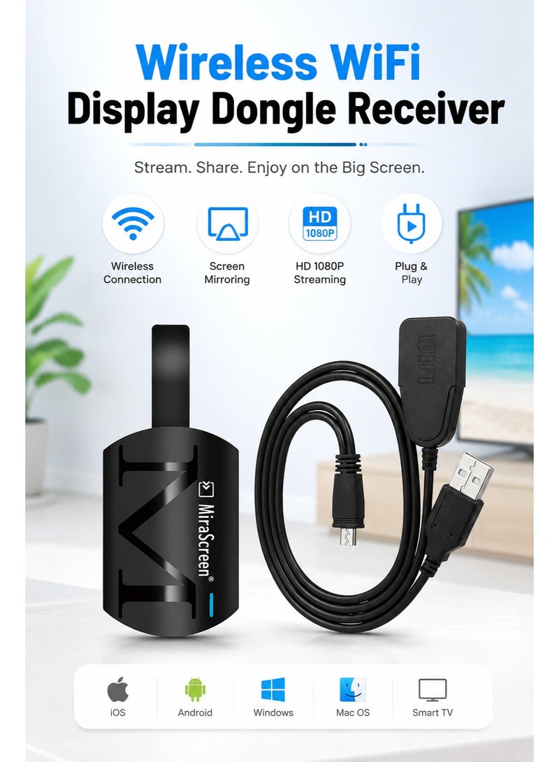Mirascreen Wireless WiFi Display Dongle Receiver for TV, 1080P HDMI Screen Mirroring Adapter for iPhone Android Windows & Mac - Image 1