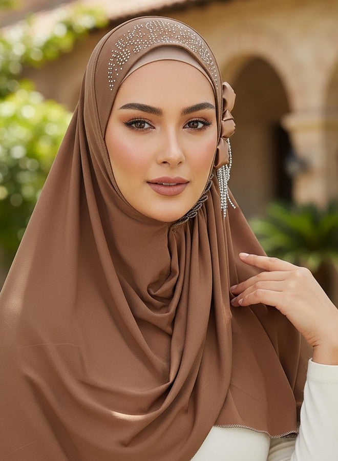 ووي وشاح حجاب فوري من Woeoe Flower للنساء، حجابات جيرسي بنية اللون، وشاح رأس مطاطي للمسلمات - Image 2