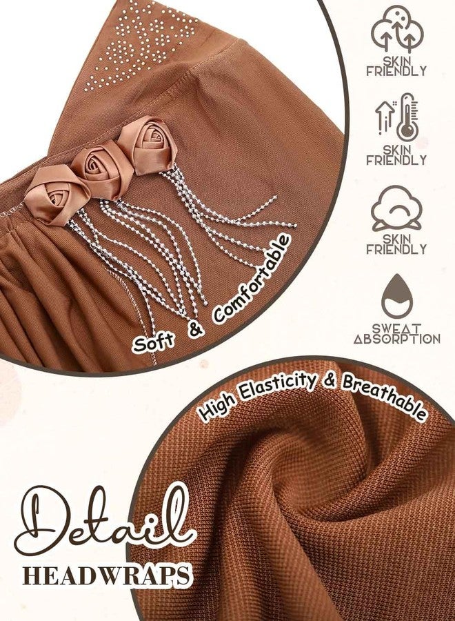 ووي وشاح حجاب فوري من Woeoe Flower للنساء، حجابات جيرسي بنية اللون، وشاح رأس مطاطي للمسلمات - Image 3