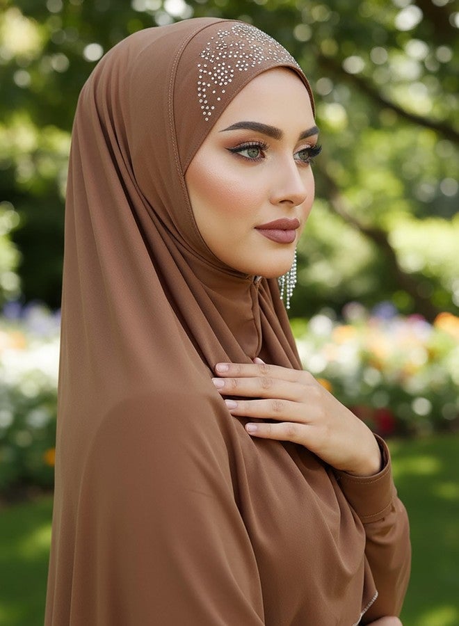 ووي وشاح حجاب فوري من Woeoe Flower للنساء، حجابات جيرسي بنية اللون، وشاح رأس مطاطي للمسلمات - Image 4