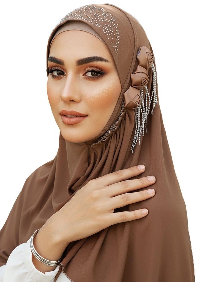 ووي وشاح حجاب فوري من Woeoe Flower للنساء، حجابات جيرسي بنية اللون، وشاح رأس مطاطي للمسلمات - Image 1