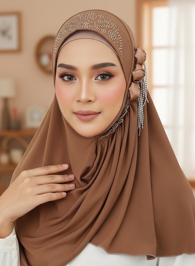 ووي وشاح حجاب فوري من Woeoe Flower للنساء، حجابات جيرسي بنية اللون، وشاح رأس مطاطي للمسلمات - Image 5