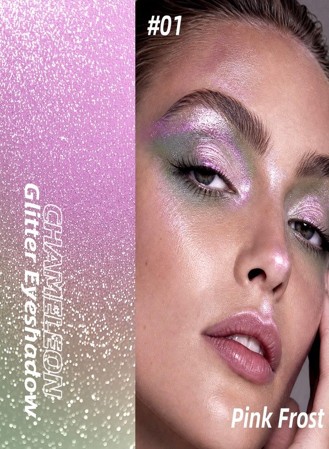 U-Shinein Holographic Duochrome Glitter Eyeshadow Palette, Chameleon Chrome Single Eyeshadow, Silver to Pink Multichrome Shift Sparkle Iridescent Eye Brightener Makeup 01 Pink Frost - Image 2