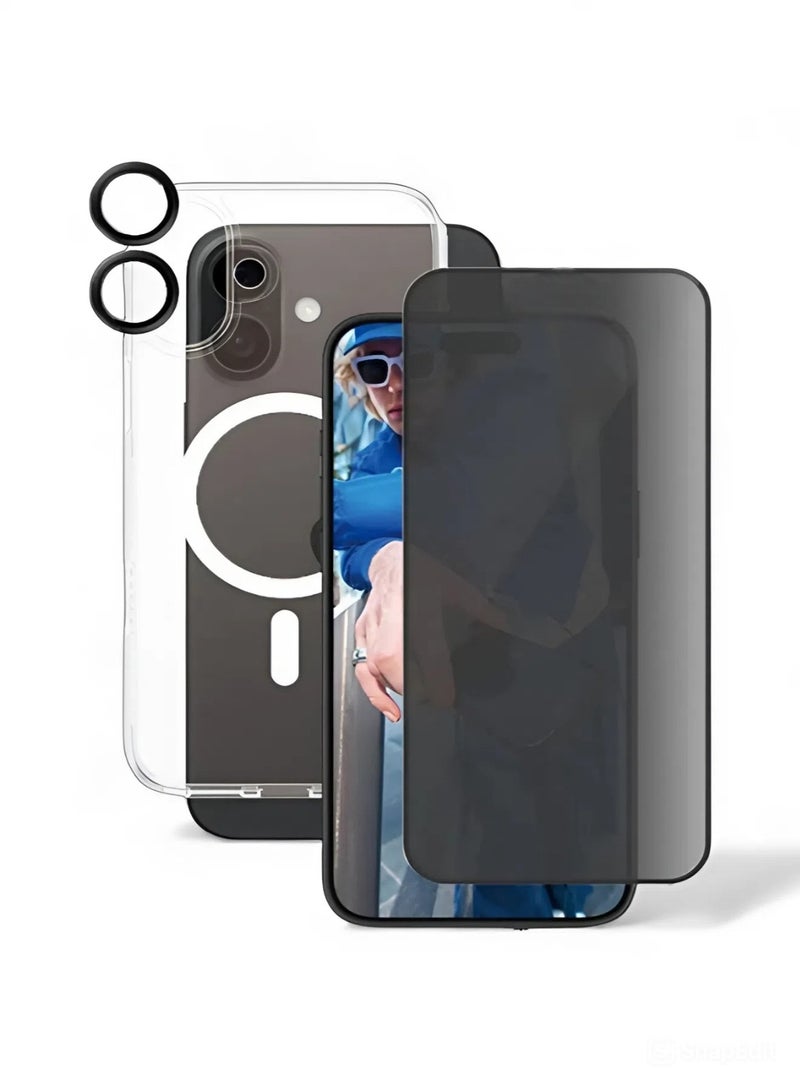 جراب حماية لموبايل آيفون 16 بلس (iPhone 16 Plus), مجموعة مكونة من حافظة حماية مضادة للخدش والاصفرار على المدى القريب ويدعم الشحن اللاسلكي ماج سيف, واقي شاشة مضاد للكسر للخصوصية (لقافة), و واقي كاميرا زجاجي, مجموعة كاملة لحماية جهازك من الخدوش والسقوط والكسر (3in1) - Image 1