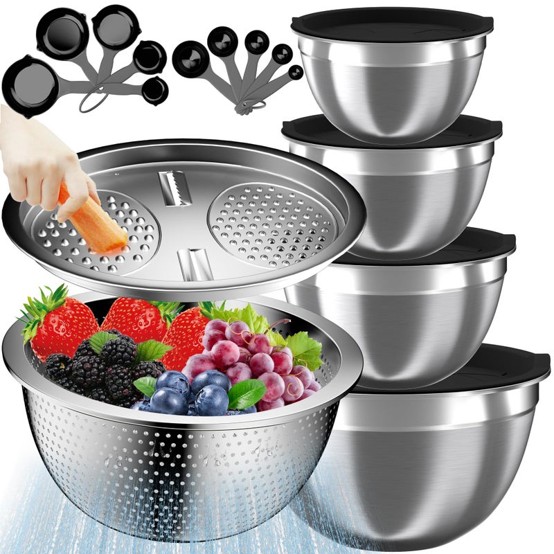 Nicdiet Mixing Bowls with Lids Set 16PCS Stainless Steel Mixing BowlsNesting Storage Bowls for Kitchen with Mixing Bowl Colander Strainer Grater Metal Salad Bowl for Kitchen Gadgets Black - Image 2