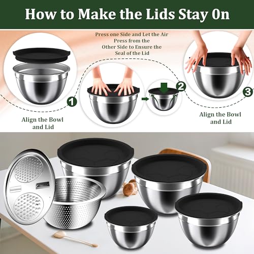 Nicdiet Mixing Bowls with Lids Set 16PCS Stainless Steel Mixing BowlsNesting Storage Bowls for Kitchen with Mixing Bowl Colander Strainer Grater Metal Salad Bowl for Kitchen Gadgets Black - Image 3