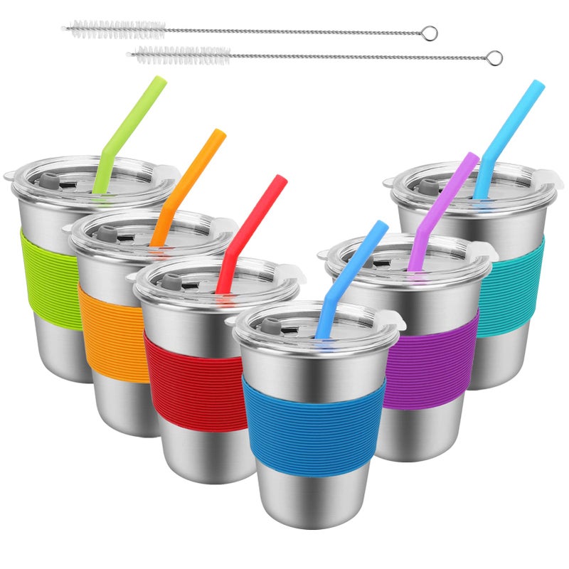 SSAWcasa Kids Cups with Straws and Lids 6 Pack 12oz Spill Proof Sippy Cups Stainless Steel Toddler Tumblers Unbreakable Kids Water Drinking Glasses BPAFree Reusable Metal Mug for Children Adult