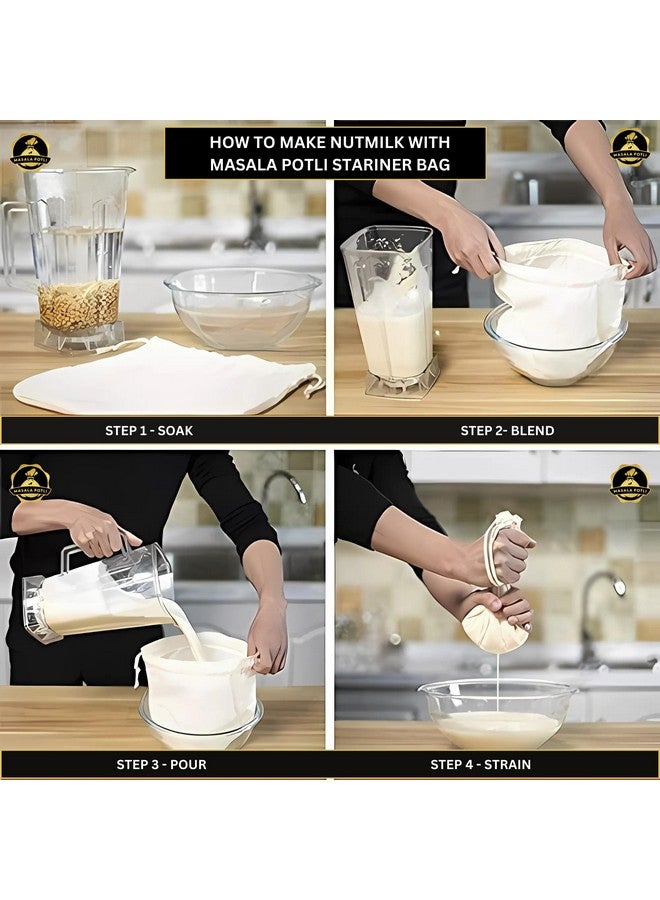 Masala POTLI Multipurpose Reusable Cotton Rice, Yogurt, Almond, Oat Milk, Sprouts, Brew Coffee, Juice Strainer Bag (Pack of 2) | Hung Curd Cloth Bag & Cheese Cloth - Unbleached Muslin Cloth - Image 2