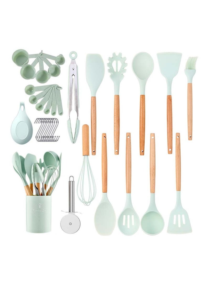 High Temperature Resistant Wooden Silicone Spatula and Spoon 35-Piece Set Light Green  - Image 1
