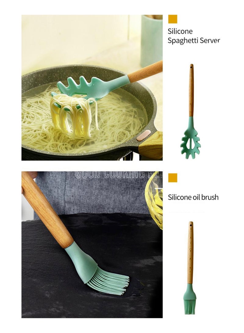 High Temperature Resistant Wooden Silicone Spatula and Spoon 35-Piece Set Light Green  - Image 4