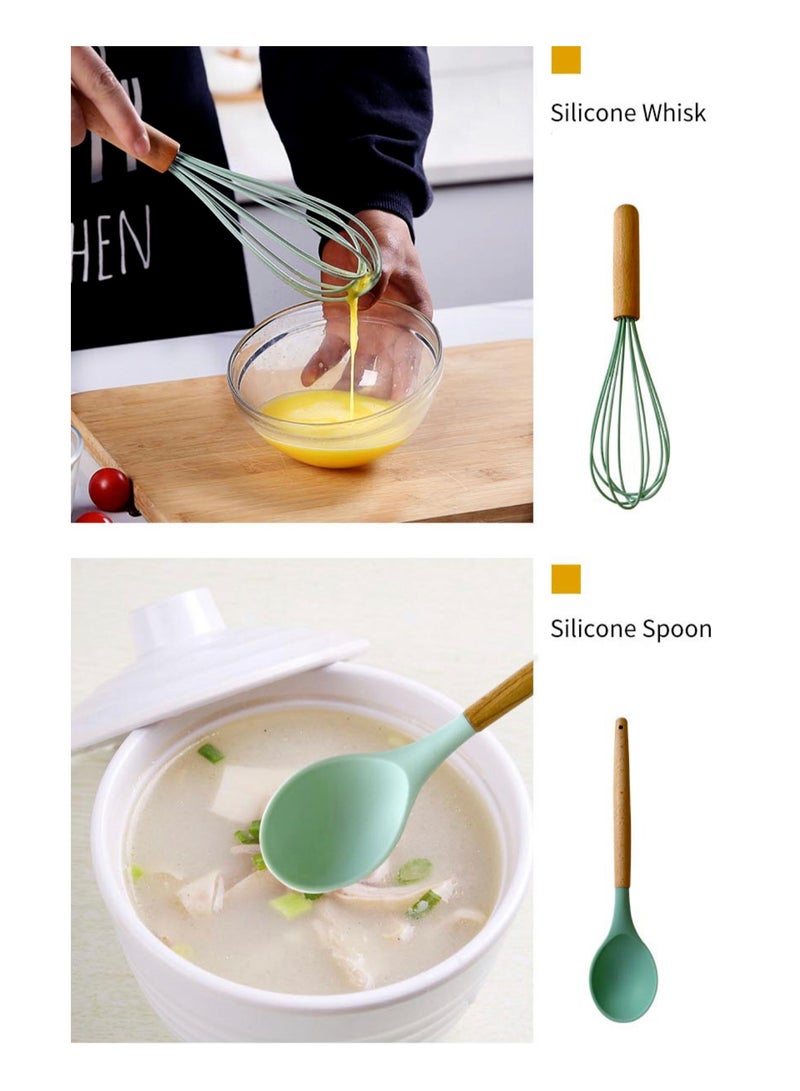 High Temperature Resistant Wooden Silicone Spatula and Spoon 35-Piece Set Light Green  - Image 5