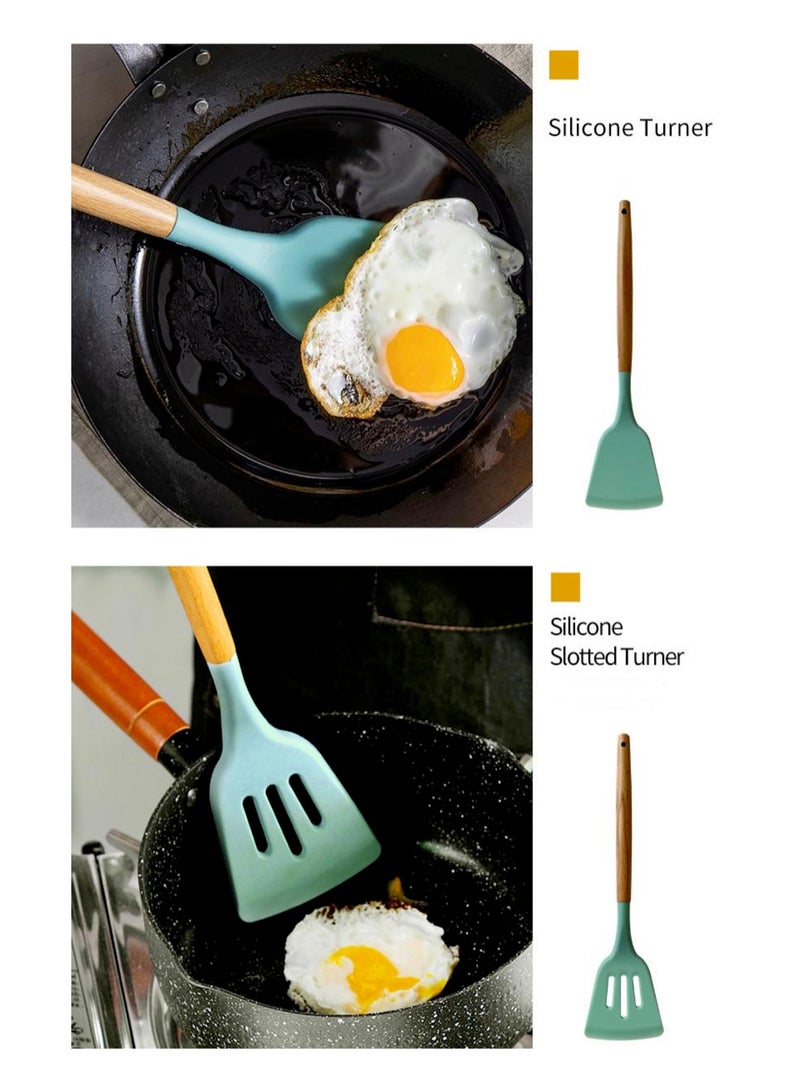High Temperature Resistant Wooden Silicone Spatula and Spoon 35-Piece Set Light Green  - Image 3